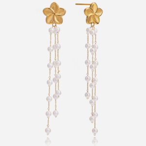 Jingqiao's sweet 18K gold stainless steel freshwater pearl paper clip pendant with tassel earrings