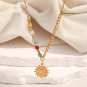 European and American cross-border INS style, French retro versatile necklace, stainless steel 18K gold-plated natural stone sun pendant necklace