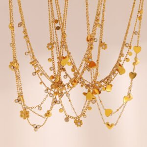 European and American cross-border versatile elegant stainless steel 18K gold-plated chain collection, heart-shaped teardrop zircon flower clip bead necklace.