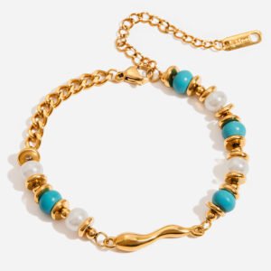 Jingqiao retro design, 18K gold stainless steel pearl teardrop-shaped blue turquoise stainless steel bracelet.
