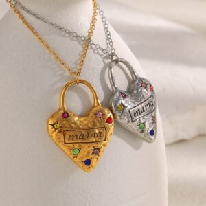 European and American fashion, retro personalized necklace, stainless steel 18K gold-plated colorful zircon love Heart Mama Pendant Necklace for Women