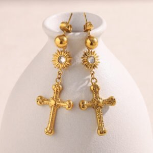 European and American cross-border fashionable, trendy, vintage, versatile earrings, stainless steel 18K gold-plated cross pendant and stud earrings for women