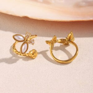 European and American cross-border elegant, light luxury, vintage exquisite ring, stainless steel 18K gold-plated imitation pearl double butterfly open ring